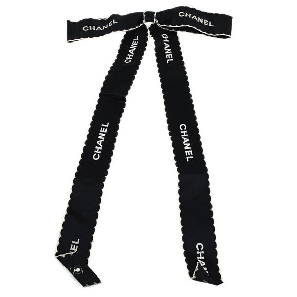 Authentic CHANEL CC Logos Ribbon Bow Motif Brooch Pin Corsage Black White Satin - Picture 1 of 5